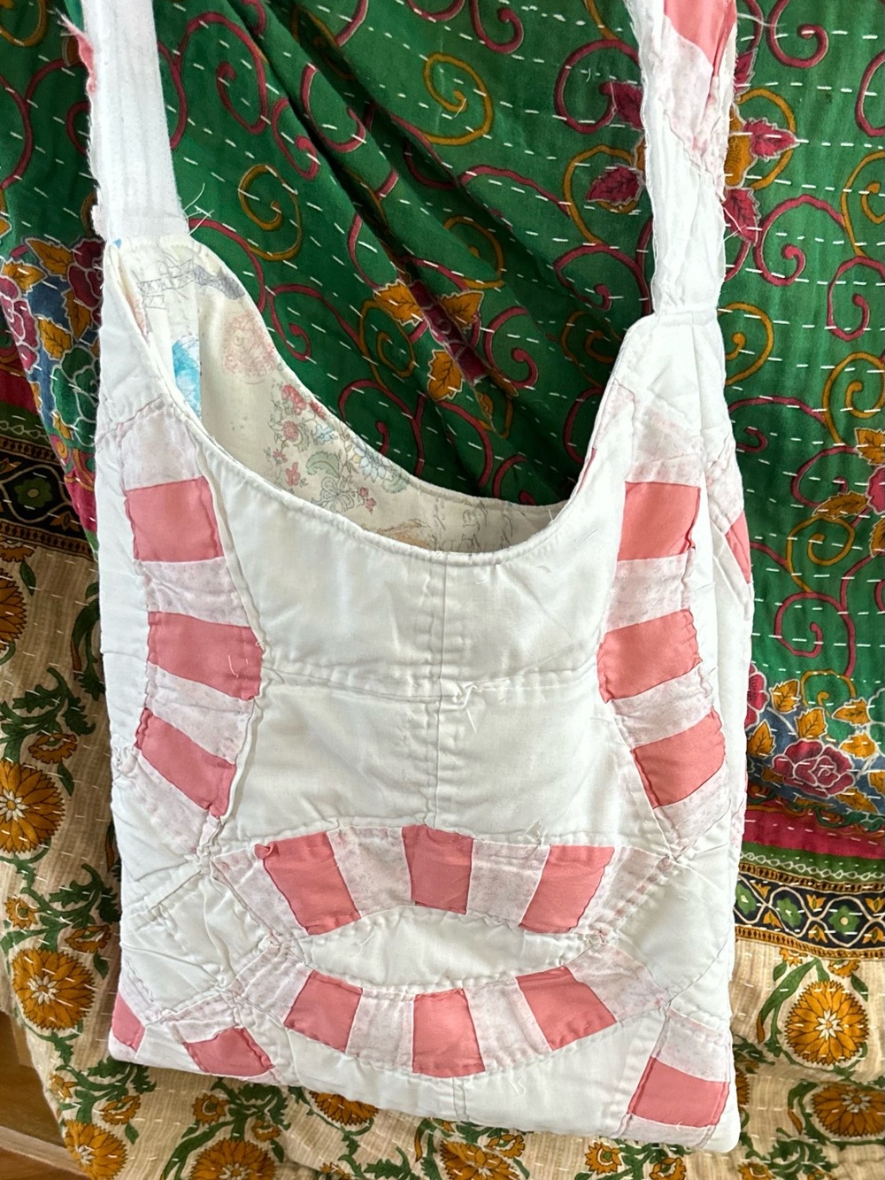 Handmade Vintage White and Pink Wedding Ring Patchwork Tote Bag